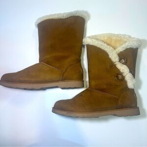 Brown Suede Shearling Lined Mid-Calf Winter Boots | Cozy Button Detail